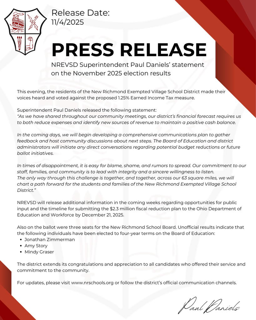 A statement from NREVSD Superintendent Paul Daniels on the unofficial November 5, 2025 election results