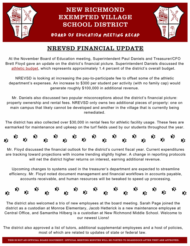 One of three pages of the NREVSD board recap. 