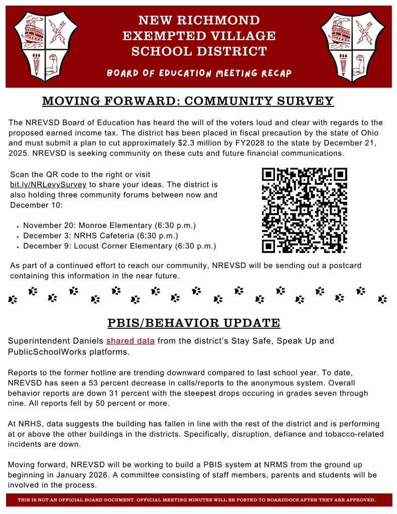 One of three pages of the board meeting recap