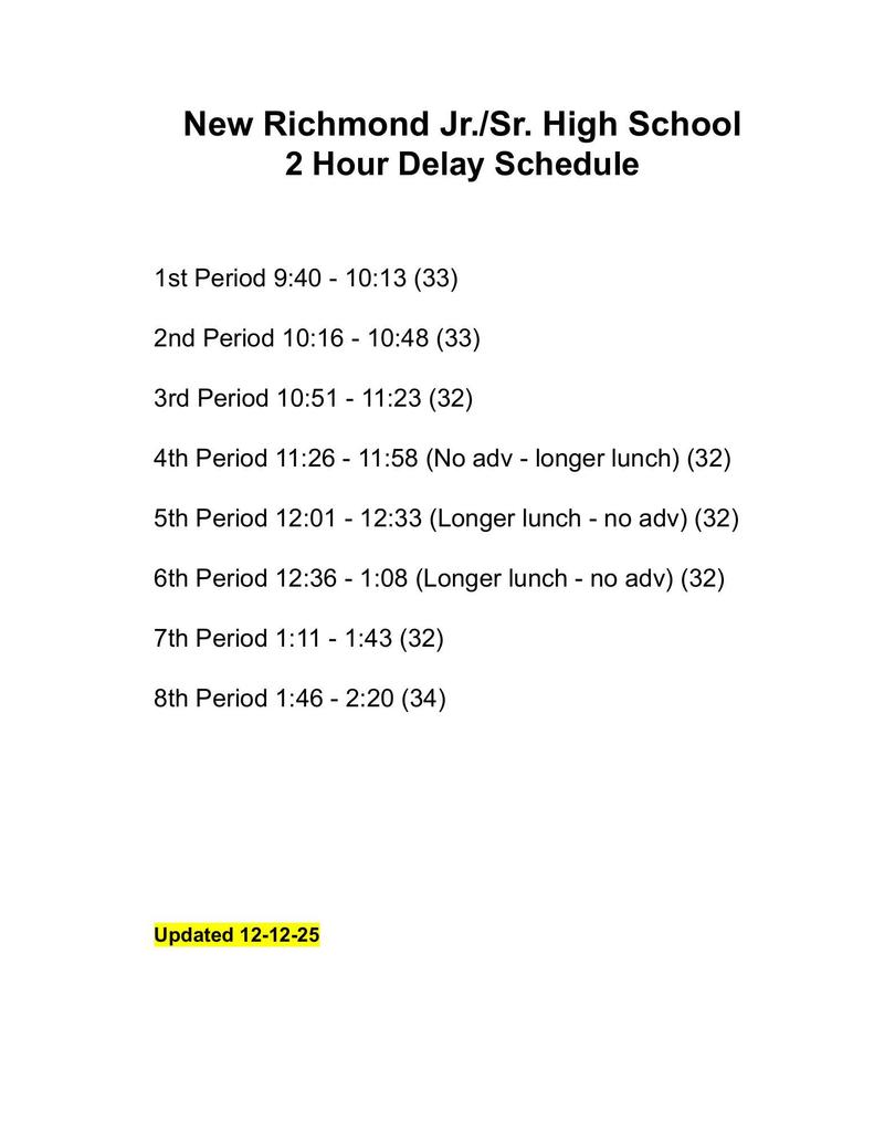2 hour delay schedule