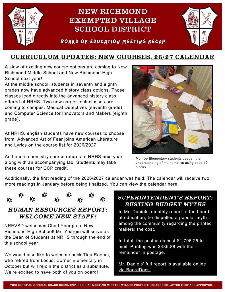 Page three discusses the new calendar, curriculum updates, new staff members and budget myths