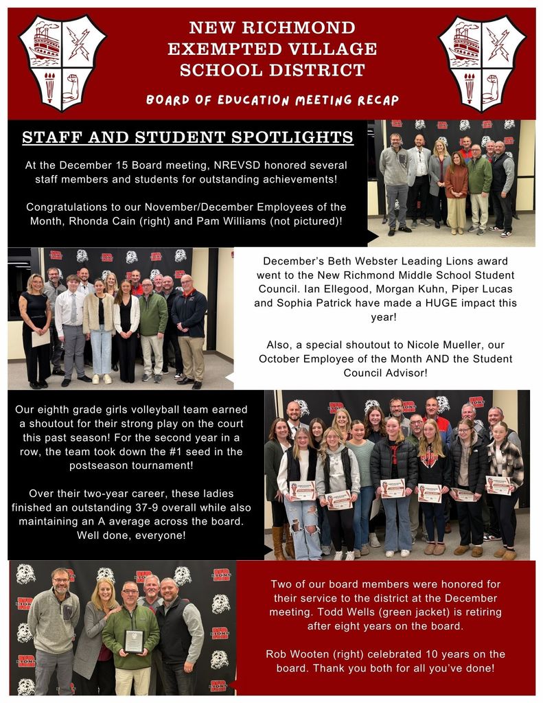 Page one of the board recap highlights various students and board members honored at the December meeting