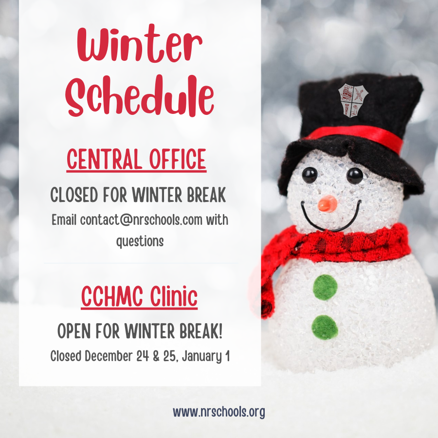 A snowman says the NREVSD central office is closed for winter break but the health clinic is open except for the holidays