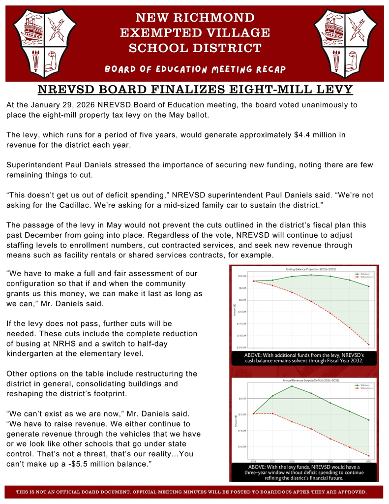 The second page of the BOE recap discusses the eight-mill property tax levy the board voted to place on the May ballot.