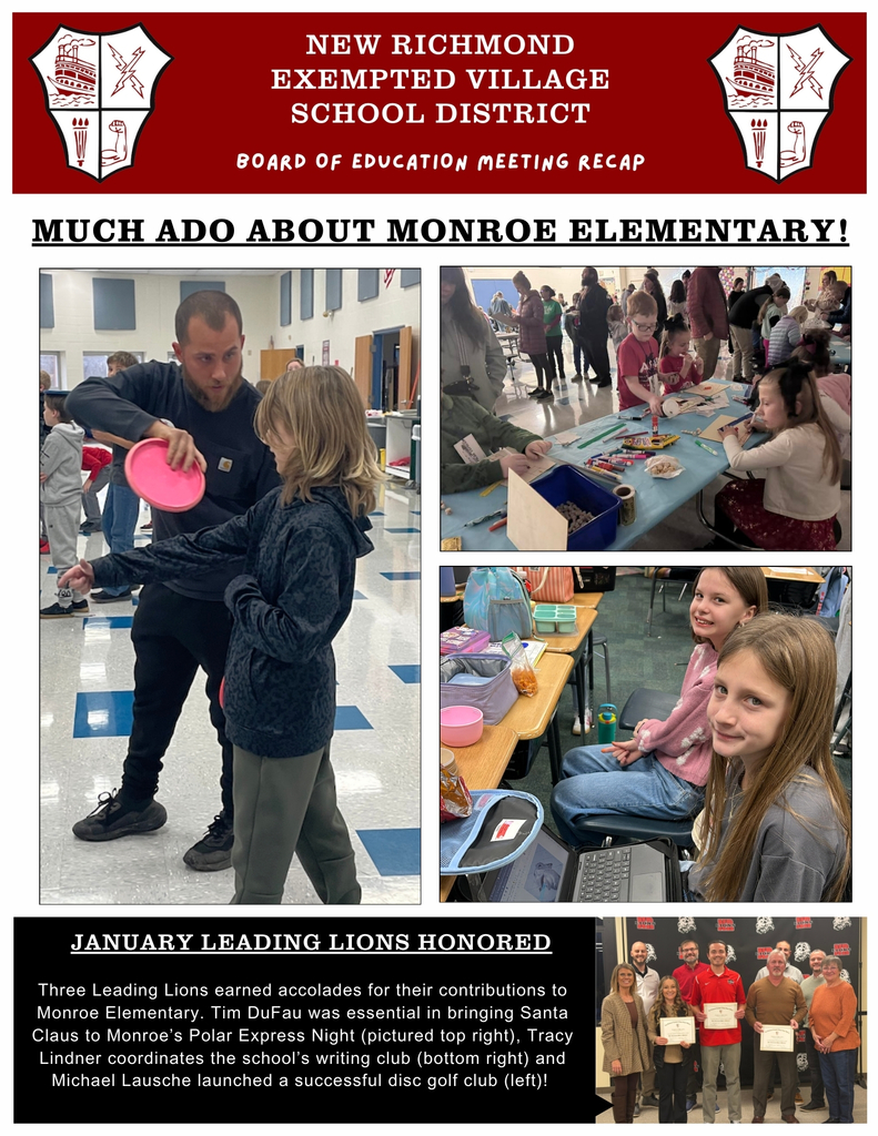 The first page of the BOE meeting recap shows photos from Monroe Elementary events and the Leading Lions recipients 