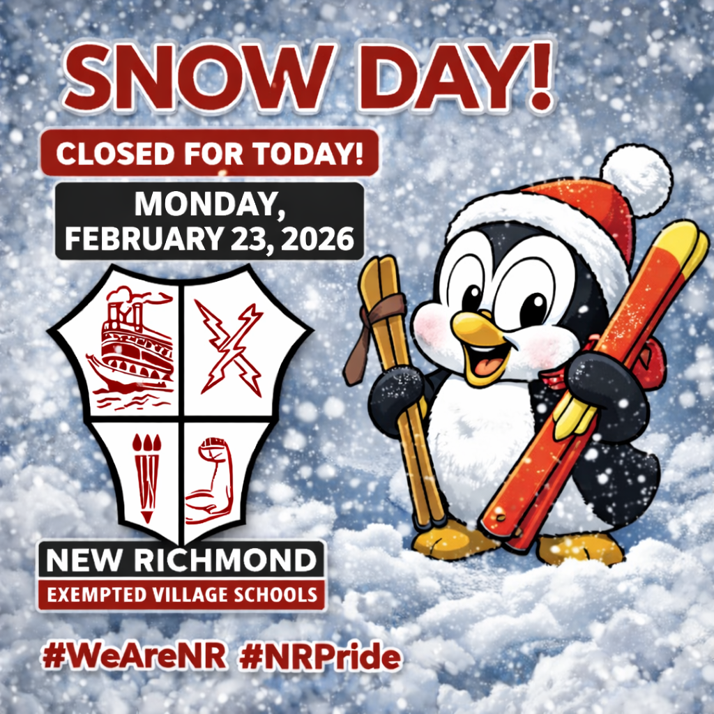 Snow day announcement with cheerful penguin