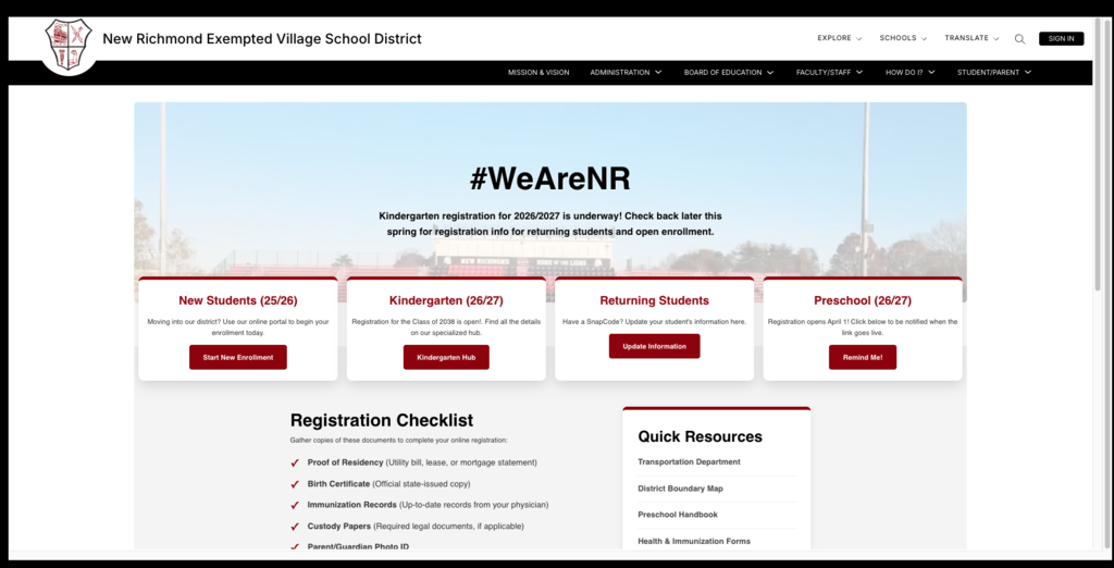 A screenshot of the new landing page for NREVSD admissions. 