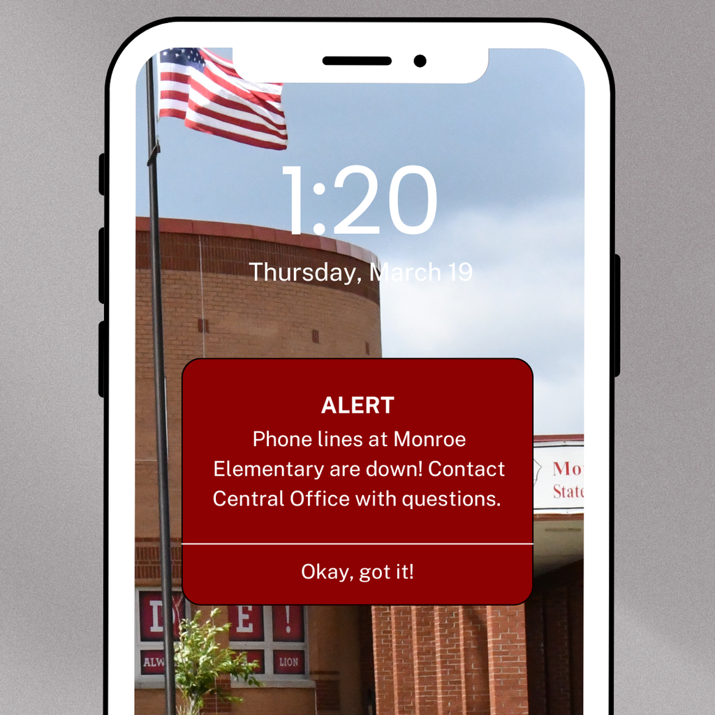 A cell phone with an alert about phone lines being down at Monroe