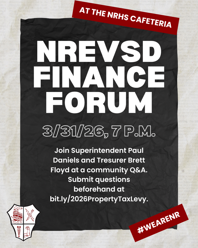Flyer promoting the NREVSD Community Forum on 3/31 at 7 p.m.