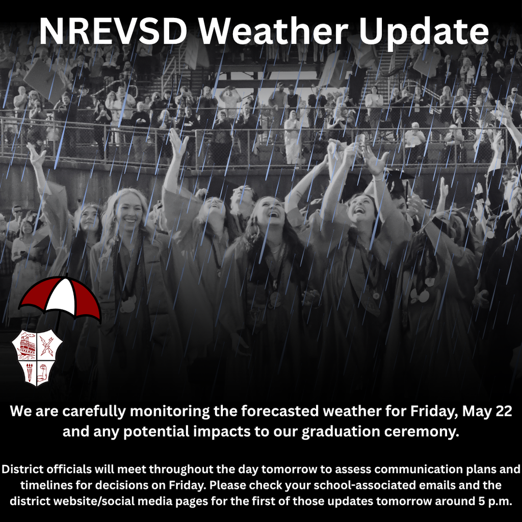 NREVSD weather alert graphic asking parents to check emails and social media tomorrow afternoon for a timeline of updates