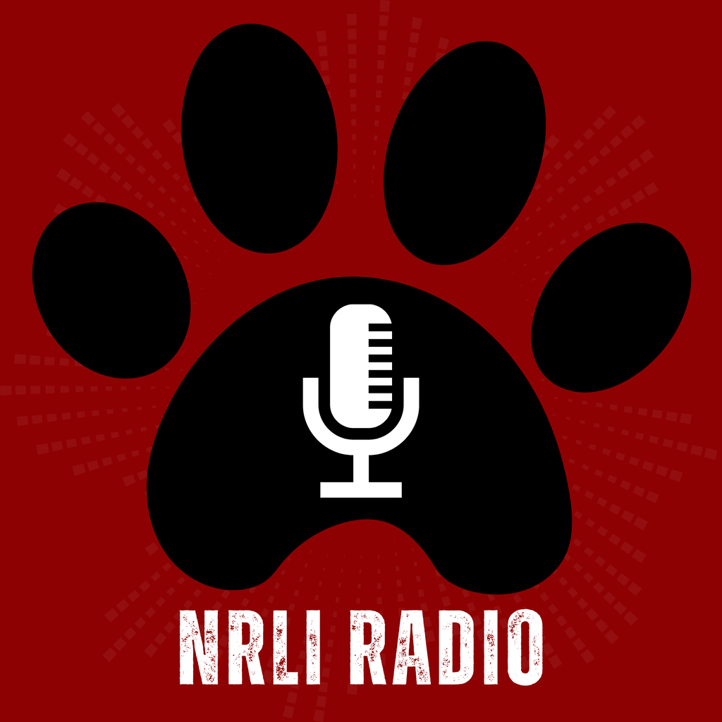A black pawprint with a microphone inside it above the text NRLI Radio on a red background with a pattern of white starburst.