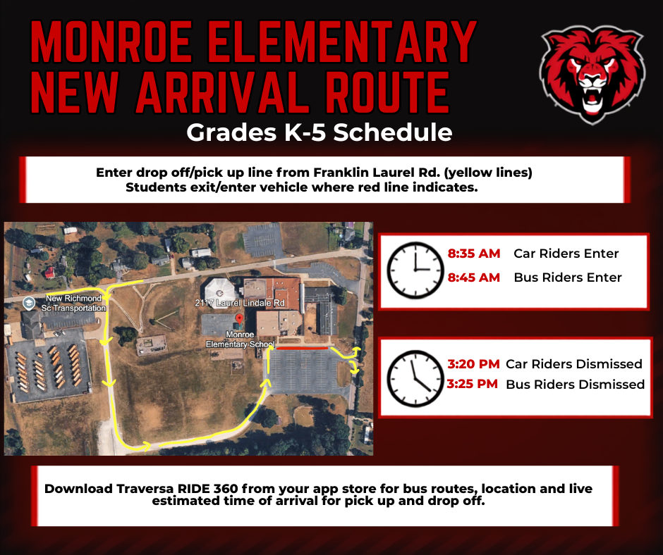 Arrival and pickup route for Monroe Elementary