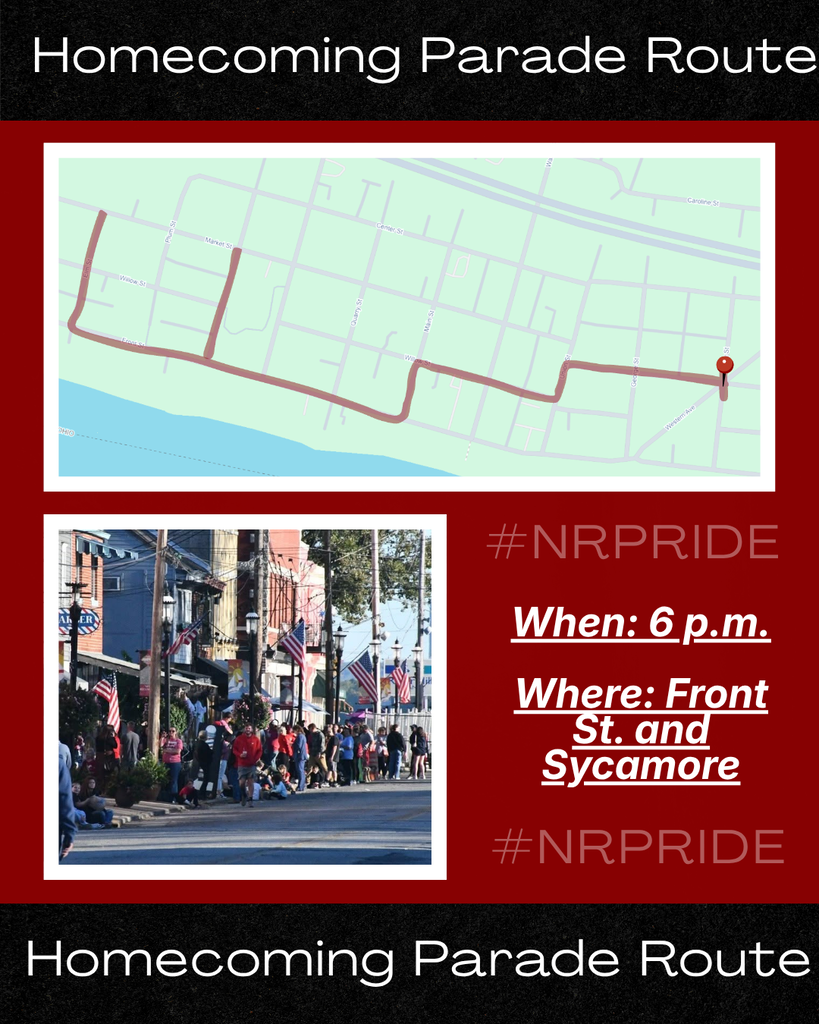 A graphic with top and bottom black banners reading "Homecoming Parade Route". The center has a dark red background containing a map, a photo, and event details. The map displays a highlighted street route traveling through town along the river, ending at a red destination pin. Below the map on the left is a photograph of a crowd gathered on a downtown sidewalk lined with American flags, waiting for the parade. To the right of the photo, white text reads: "#NRPRIDE. When: 6 p.m. Where: Front St. and Sycamore. #NRPRIDE."