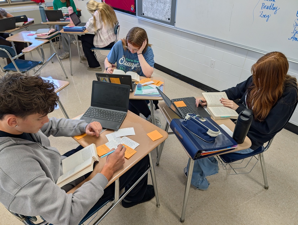 High school English students gathered around a table with books and notes, practicing analysis skills using the say-mean-matter strategy
