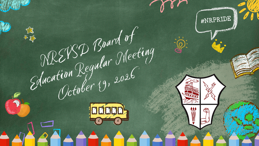 NREVSD Board of Education Regular Meeting, October 19, 2026, on a green chalkboard background decorated with school-themed chalk drawings including a school bus, apples, a globe, and a school crest.
