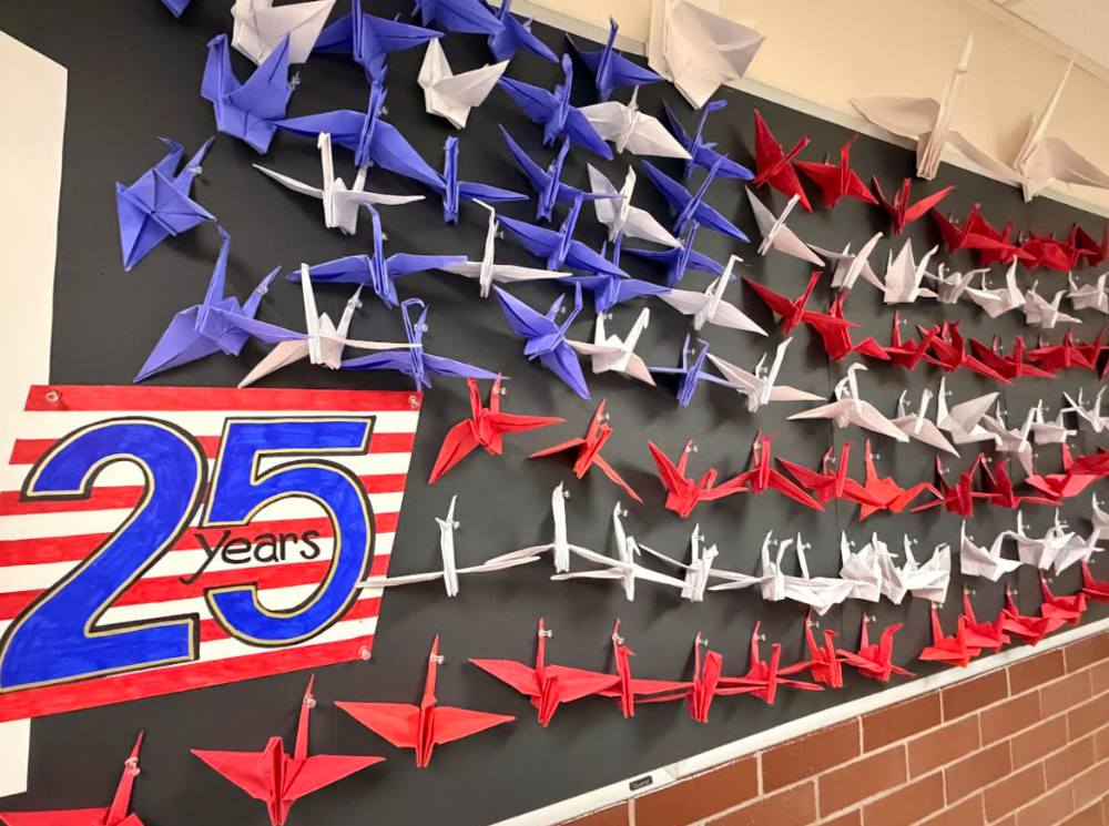 A US flag made from paper origami cranes