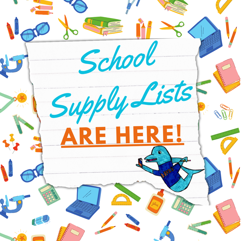 a photo that says school supply lists are here with a hyperlink