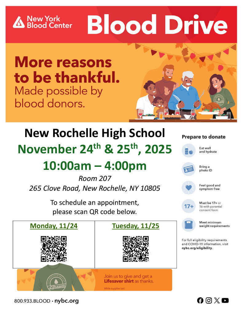 Flyer for New Rochelle High School Blood Drive on Nov 24-25, 10a-4p in Room 207. Includes QR codes for sign up, instructions on how to prepare, and contact info for nybc.org 