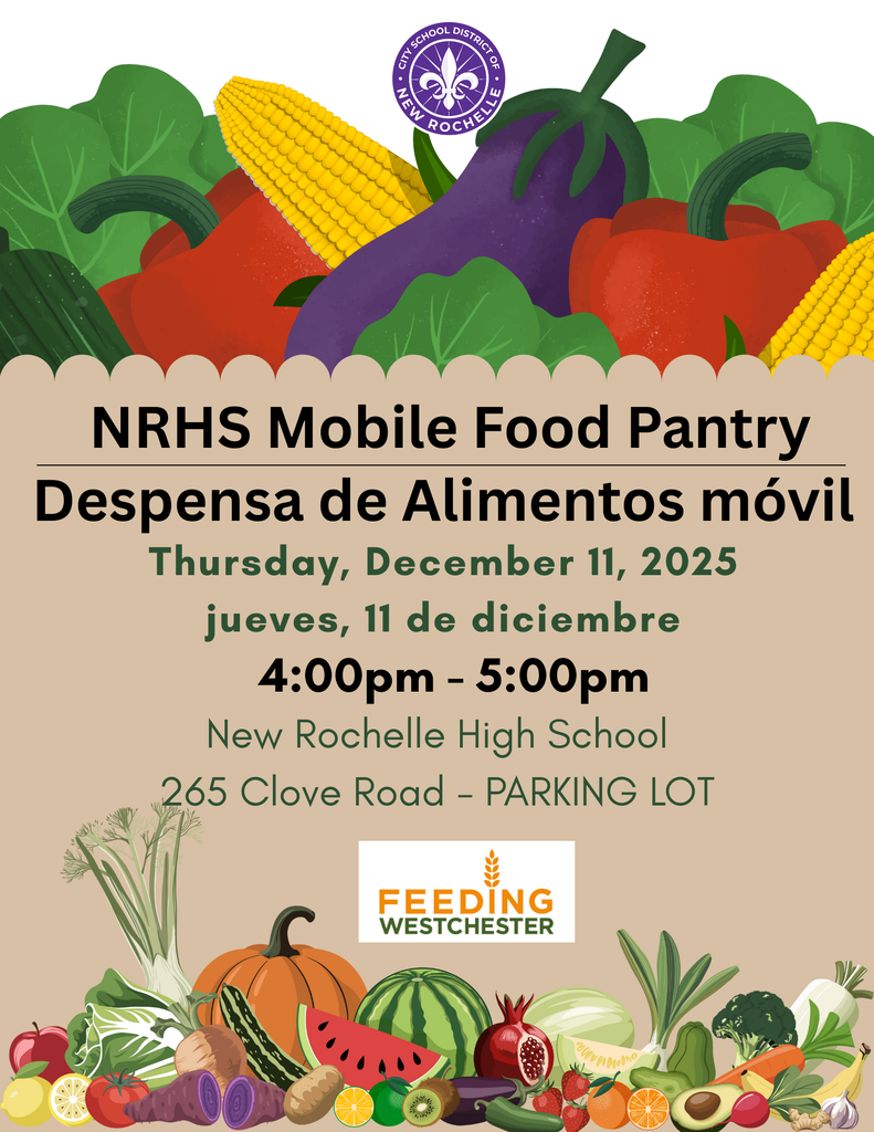 A graphic announcing a new food pantry at New Rochelle High School on Thursday, December 11 from 4:00 to 5:00 p.m. in the Clove Road parking lot
