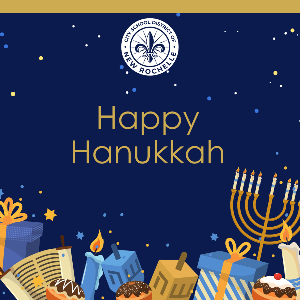 A happy Hanukkah greeting with images of gifts, torah, candles, a menorah, and dreidel