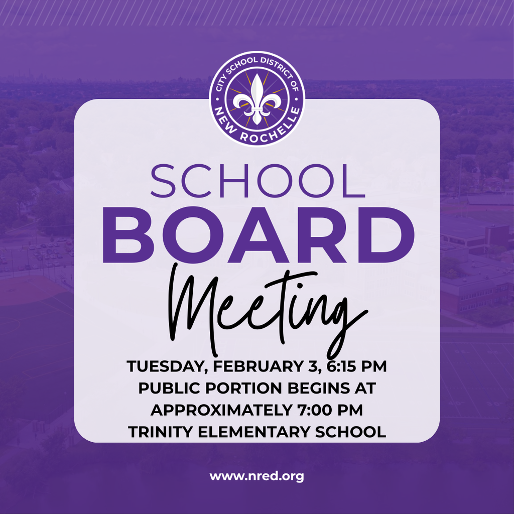 An announcement of a school board meeting tuesday, february 3 at 6:15 p.m. with the public portion of the meeting beginning at 7 p.m.