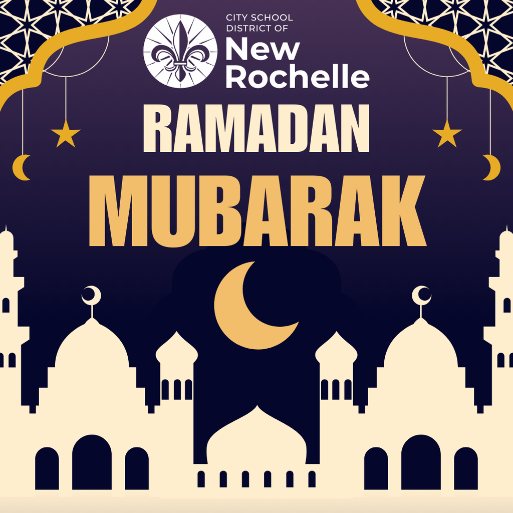 A social media graphic from the City School District of New Rochelle wishing "Ramadan Mubarak."  The image features a dark purple background with a gold-bordered arch at the top containing intricate geometric patterns. Below the arch, the district’s logo (a white fleur-de-lis) and name are displayed. The center of the image has the text "RAMADAN MUBARAK" in large, bold, cream and gold lettering.  The bottom half of the graphic depicts a cream-colored silhouette of a mosque with multiple domes and minarets against a dark blue night sky. A gold crescent moon is centered above the mosque, and small gold stars and crescents hang from the top corners like ornaments.