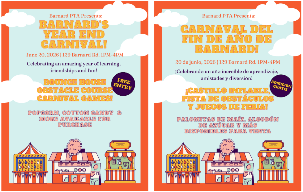 English and Spanish Flyers for End of Year Carnival June 20,2026 from 1 to 4PM