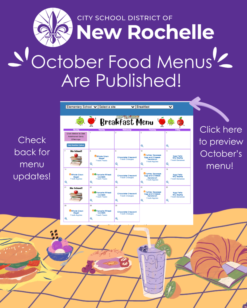 announcement that october food menus are published and to click in the upper right side of the screen to access them.
