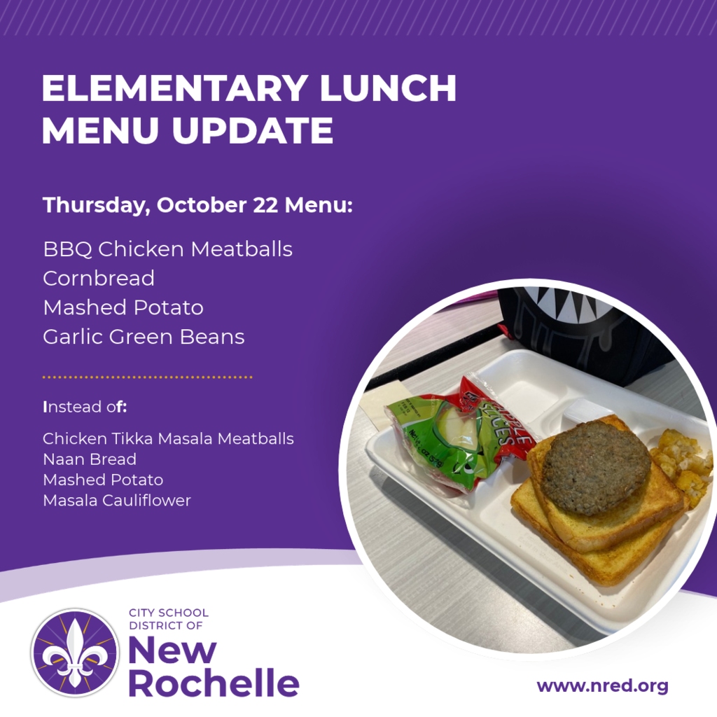 A photo of a lunch tray with text that says thursday's lunch will be BBQ chicken meatballs with cornbread mashed potatoes and green beans