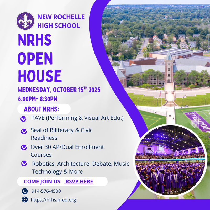 Flyer announcing NRHS Open House Night. Oct 15, 2025 6-8:30pm. Flyer includes a list of highlighted programs, an invitation to RSVP, and building contact info
