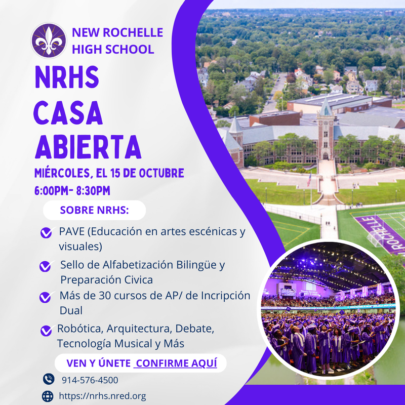 Flyer announcing NRHS Open House Night. Oct 15, 2025 6-8:30pm. Flyer includes a list of highlighted programs, an invitation to RSVP, and building contact info