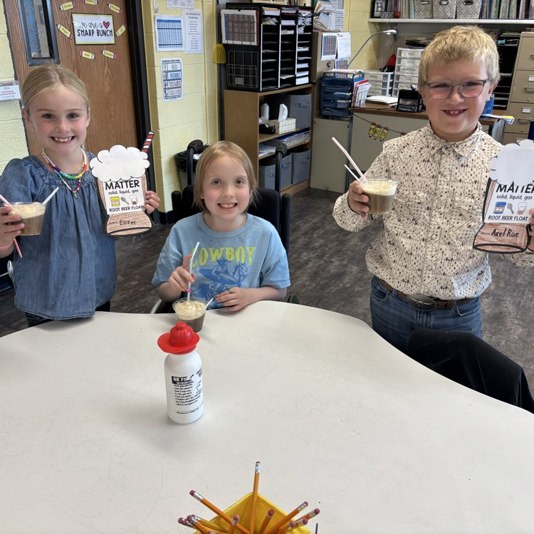 Second grade made root beer floats today in science class! They are learning about solids, liquids, and gases. The ice cream was the solid, the root beer was the liquid, and when you put them together the bubbles make the gas!