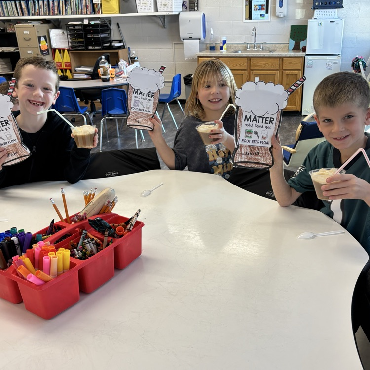 Second grade made root beer floats today in science class! They are learning about solids, liquids, and gases. The ice cream was the solid, the root beer was the liquid, and when you put them together the bubbles make the gas!