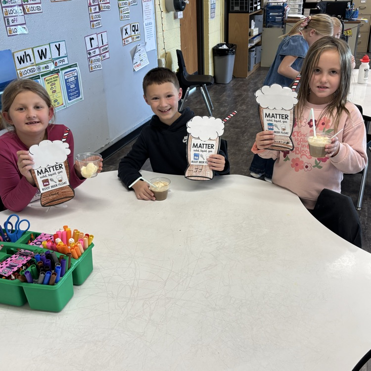 Second grade made root beer floats today in science class! They are learning about solids, liquids, and gases. The ice cream was the solid, the root beer was the liquid, and when you put them together the bubbles make the gas!