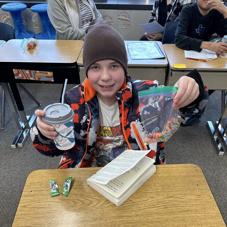 Mrs. Johnson’s Class celebrated being in school for over 100 days with a coffee shop! Her students had their very own barista. Frozen hot chocolate, and blue lemonade with nerds and a “salad” was on the menu for them today!