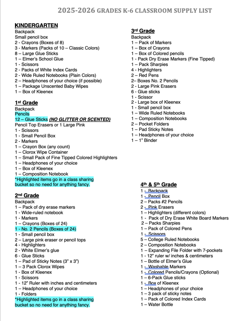 School Supply List