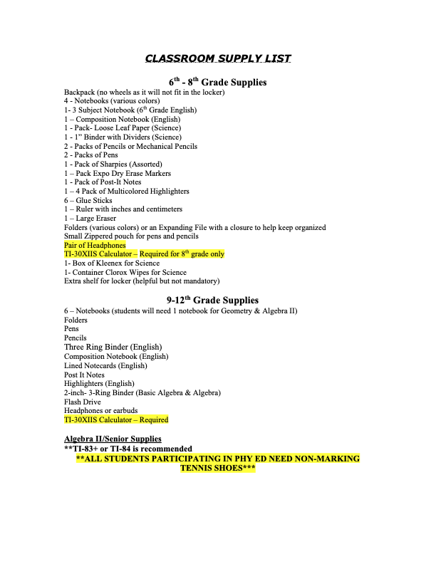 25-26 Supply List 6-12 Grades
