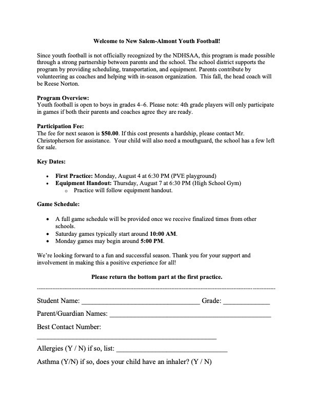 4-6 Grade Football Letter