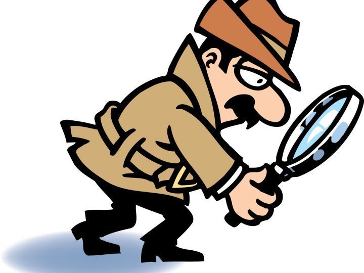 Cartoon detective looking through a magnifying glass.