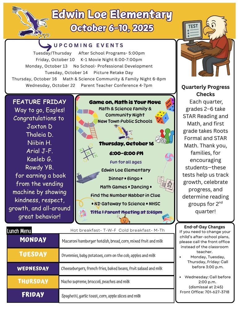 October 6-10, 2025 UPCOMING EVENTS Tuesday/Thursday After School Programs- 5:00pm Friday, October 10 K-1 Movie Night 6:00-7:00pm Monday, October 13 No School- Professional Development Tuesday, October 14 Picture Retake Day Thursday, October 16 Math & Science Community & Family Night 6-8pm Wednesday, October 22 Parent Teacher Conference 4-7pm Quarterly Progress Checks Each quarter, grades 2–6 take STAR Reading and Math, and first grade takes Roots Formal and STAR Math. Thank you, families, for encouraging students—these tests help us track growth, celebrate progress, and determine reading groups for 2nd quarter! Feature Friday Way to go, Eagles! Congratulations to Jaxton D Thaleia D. Niibin H. Arial J-F. Kaeleb G. Rowdy YB. for earning a book from the vending machine by showing kindness, respect, growth, and all-around great behavior Game On, Math is Your Move: Math and Science Family & Community Night, New Town Public Schools. Thursday, October 16, 6-8pm, Fun for all ages, Edwin Loe Elementary, Dinner, Bingo, Math Games, Dancing, Find the Number Nabber in Clue, ND Gateway to Science, NHSC  Title 1 Parent Meeting at 5:45 pm! End-of-Day Changes If you need to change your child’s after-school plans, please call the front office (not the classroom teacher). •	Monday, Tuesday, Thursday, Friday: Call before 3:00 p.m. •	Wednesday: Call before 2:00 p.m. (dismissal is at 2:45)  701-627-3718 Lunch Menu Monday              Macaroni hamburger hotdish, bread, corn, mixed fruit and milk Tuesday             Drummies, baby potatoes, corn on the cob, apples and milk Wednesday     Cheeseburgers, french fries, baked beans, fruit salaad and milk Thursday           Nacho supreme, broccoli, peaches and milk Friday                  Spaghetti, garlic toast, corn, apple slices and milk
