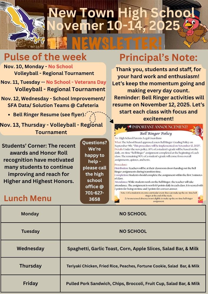Pulse of the week: Nov. 10, Monday - No School                                        - Volleyball - Regional Tournament Nov. 11, Tuesday -- No School - Veterans Day                                        - Volleyball - Regional Tournament Nov. 12, Wednesday - School Improvement/ SFA Data/ Solution Teams @ Cafeteria                                               - Bell Ringer Resume (see flyer) Nov. 13, Thursday - Volleyball - Regional Tournament Principal's Note: Thank you, students and staff, for your hard work and enthusiasm! Let’s keep the momentum going and making every day count. Reminder: Bell Ringer activities will resume on November 12, 2025. Let’s start each class with focus and excitement! Bell Ringer Policy: To: High School Parents/Legal Guardians What: The School Board approved a new Bell Ringer Grading Policy on September 9th . "This procedure will be implemented on November 12, 2025". Details: Under the new policy, 10% of a student's grade will be based on the daily, on-time "Bell Ringer" assignment completed at the beginning of each class. The remaining 90% of a student's grade will come from overall assignments, quizzes, and tests. Procedure: Distribution: Teachers will be at their classroom doors handing out the Bell Ringer assignments during transition time. Completion: Students should complete the assignment within the first 3 minutes of class. Attendance: while students work on the Bell Ringer, the teacher will take attendance. The assignment is worth 10 points daily in each class. It is scored with 7 points for being on time and 3 points for correct answer. Note: 1) If a student is on extra-curricular event-they can make up the on-time bell ringer at the end of the week.               2) An unexcused absence is not eligible to make up the on-time bell ringer assignment. Students’ Corner: The recent awards and Honor Roll recognition have motivated many students to continue improving and reach for Higher and Highest Honors. Lunch Menu: Monday & Tuesday - NO SCHOOL Wednesday - Spaghetti, Garlic Toast, Corn, Apple Slices, Salad Bar, & Milk Thursday - Teriyaki Chicken, Fried Rice, Peaches, Fortune Cookie, Salad Bar, & Milk Friday - Pulled Pork Sandwich, Chips, Broccoli, Fruit Cup, Salad Bar, & Milk Questions? We’re happy to help - please call the high school office @ 701-627-3658
