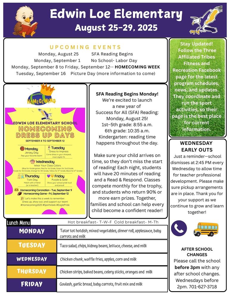 Edwin Loe Elementary School August 25-29, 2025 UPCOMING EVENTS Monday, August 25 SFA Reading Begins Monday, September 1 No School- Labor Day Monday, September 8 to Friday, September 12-- HOMECOMING WEEK Tuesday, September 16 Picture Day (more information to come) Stay Updated! Follow the Three Affiliated Tribes Fitness and Recreation Facebook page for the latest program schedules, news, and updates. They coordinate and run the sport activities, so their page is the best place for current information. SFA Reading Begins Monday! We’re excited to launch a new year of Success for All (SFA) Reading on Monday, August 25! 1st–5th grade: 8:55 a.m. 6th grade: 10:35 a.m. Kindergarten: reading time happens throughout the day. Make sure your child arrives on time, so they don’t miss the start of reading! Each night, students will have 20 minutes of reading and a Read & Respond. Classes compete monthly for the trophy, and students who return 90% or more earn prizes. Together, families and school can help every child become a confident reader! Wednesday Early Outs: Just a reminder—school dismisses at 2:45 PM every Wednesday to allow time for teacher professional development. Please make sure pickup arrangements are in place. Thank you for your support as we continue to grow and learn together! After School Changes: Please call the school before 3pm with any after school changes. Wednesdays before 2pm. 701-627-3718 Edwin Loe Elementary School Homecoming Dress Up Days: September 8 to September 12 Monday: Jersey Day- Rep your favorite team Tuesday: Dress to Impress- Come dressed in your sharpest, most stylish fit Wednesday: Wear Your Class Colors- blue for kindergarten, red for 1st grade, green for 2nd grade, purple for 3rd grade, orange for 4th grade, yellow for 5th grade, black for 6th grade Thursday: Twin Day- match with a friend (or a teacher) Friday: Purple and Gold- show you school pride loud and proud! Homecoming Coronation- Tuesday, September 9 Homecoming Game- Friday, September 12 Let’s make this a week to remember. Dress up, show out, and support our team. #Homecoming2025 #SpiritWeek #EaglePride Lunch Menu Monday: Tator tot hotdish, mixed vegetables, dinner roll, applesauce, baby carrots and milk Tuesday: Taco salad, chips, kidney beans, lettuce, cheese, and milk Wednesday: Chicken chunk, waffle fries, apples, corn and milk Thursday: Chicken strips, baked beans, celery sticks, oranges and milk Friday: Goulash, garlic bread, baby carrots, fruit mix and milk