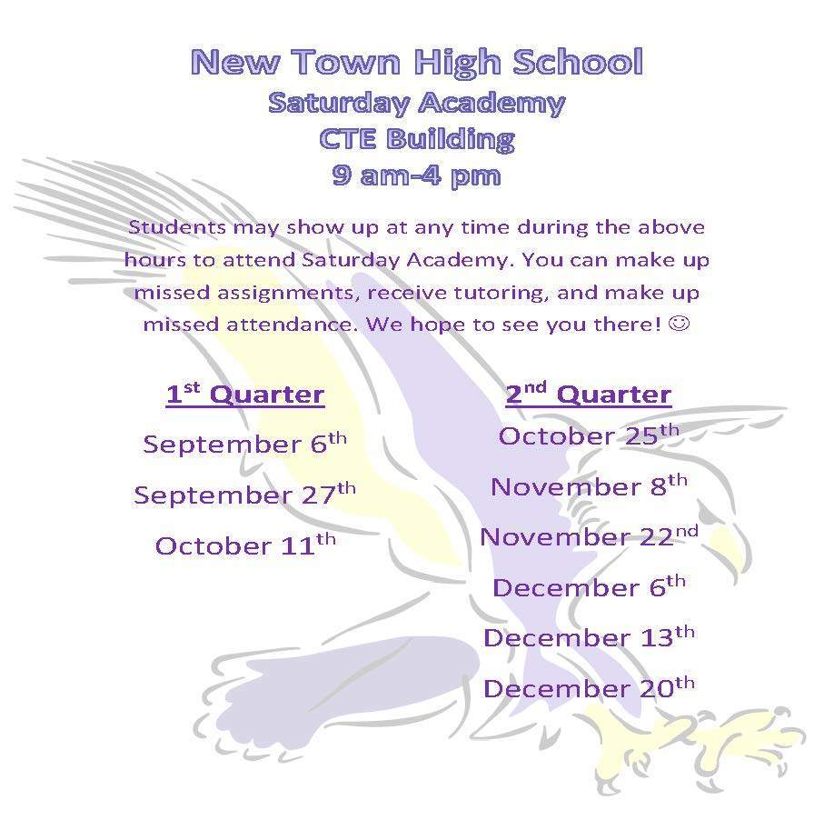 Students may show up at any time during the above hours to attend Saturday Academy. You can make up missed assignments, receive tutoring, and make up missed attendance. We hope to see you there!     1st Quarter September 6th September 27th October 11th    2nd Quarter October 25th November 8th November 22nd December 6th December 13th December 20th 