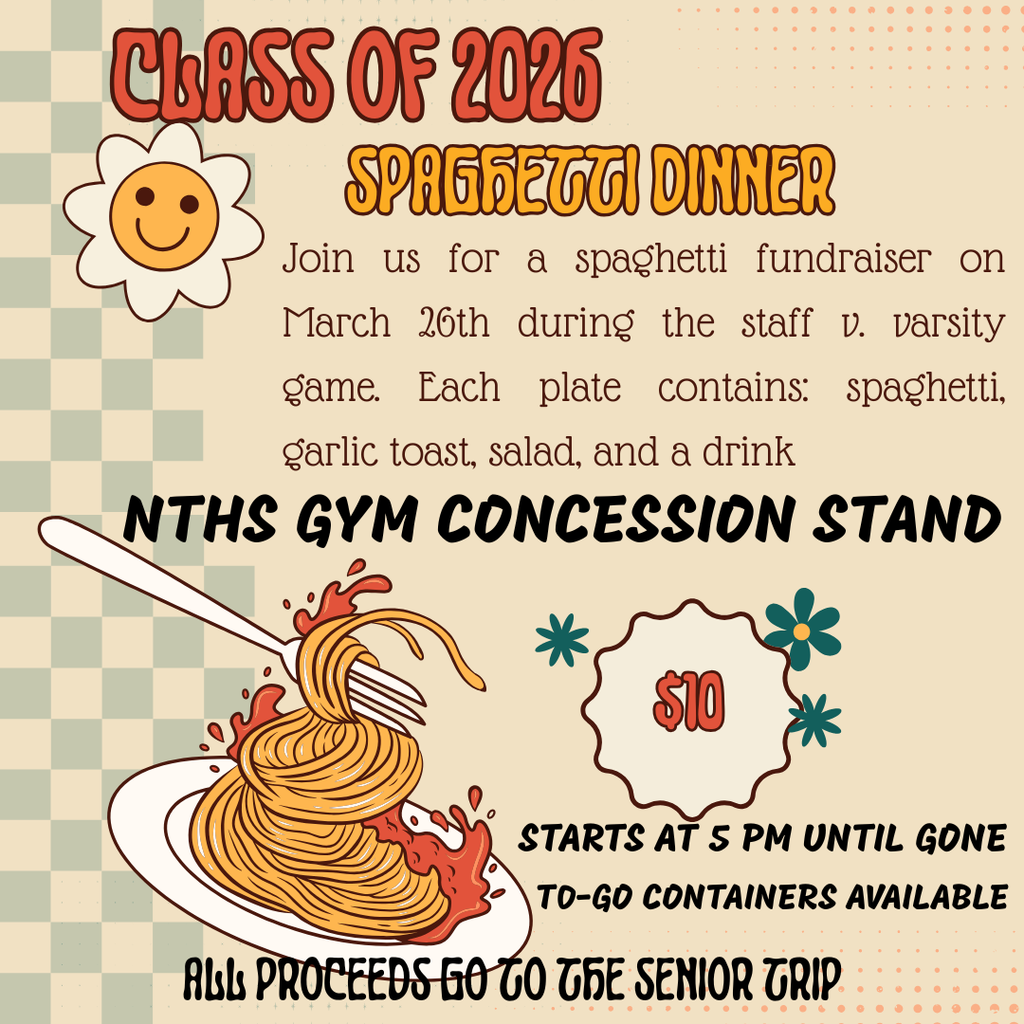 Join us for a spaghetti fundraiser on March 26th during the staff v. varsity game. Each plate contains: spaghetti, garlic toast, salad, and a drink