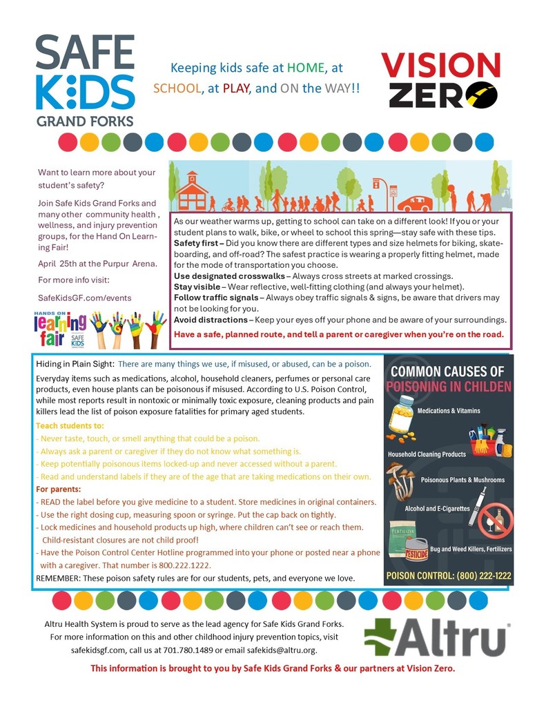 Attached is the April edition of the Safe Kids newsletter focusing on pedestrian and bike safety, as well as poison safety. The newsletter page is attached as a PDF, JPEG and Publisher document. We are hopeful that you can include this in your next parent newsletter that you provide to your families.  Thanks for being our partner in our injury prevention work.  As always, if there are things we can assist your school with as it relates to injury prevention, please do not hesitate to reach out.  