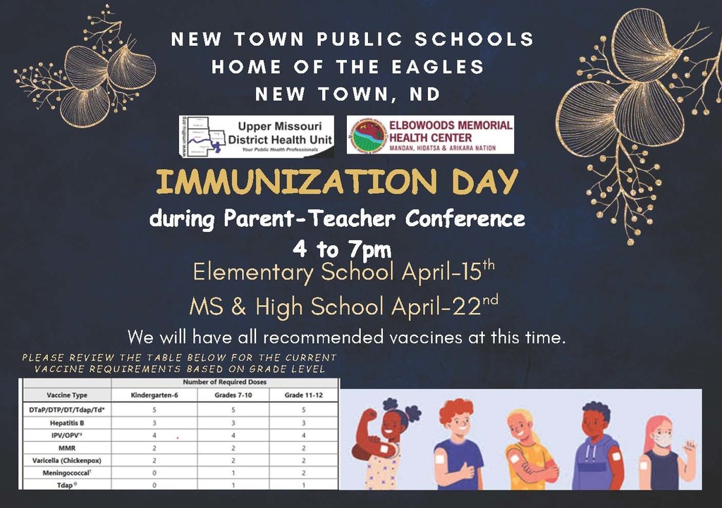New Town Public Schools Home of the Eagles Immunization day During parent-teacher conferences 4 to 7pm Elementary school April-15th MS & HS April-22nd We will have all recommended vaccines at this time.