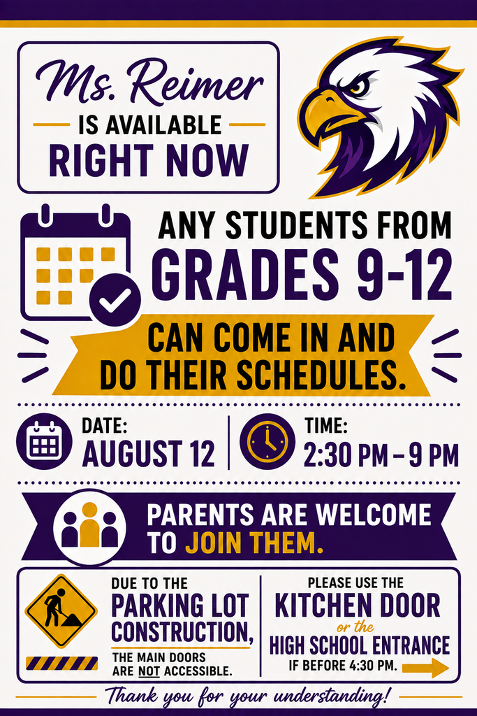 Good afternoon parents of NTHS Ms. Reimer will be in the business office this evening working from 4 pm. to 9 pm on student schedules  Any students  from grades 9-12 that want to come in and complete their schedules are welcome to stop in. The pre-registration they did last spring did not set their schedules, it was to create sections based on interest. Parents are also welcome.  However, with the parking lot construction, the main doors are not available. Please use the kitchen door on the east side. My pickup is parked in that drive way. If you have any questions please feel free to call or text me at 701-567-3888 if you have any questions. Thanks! Reimer