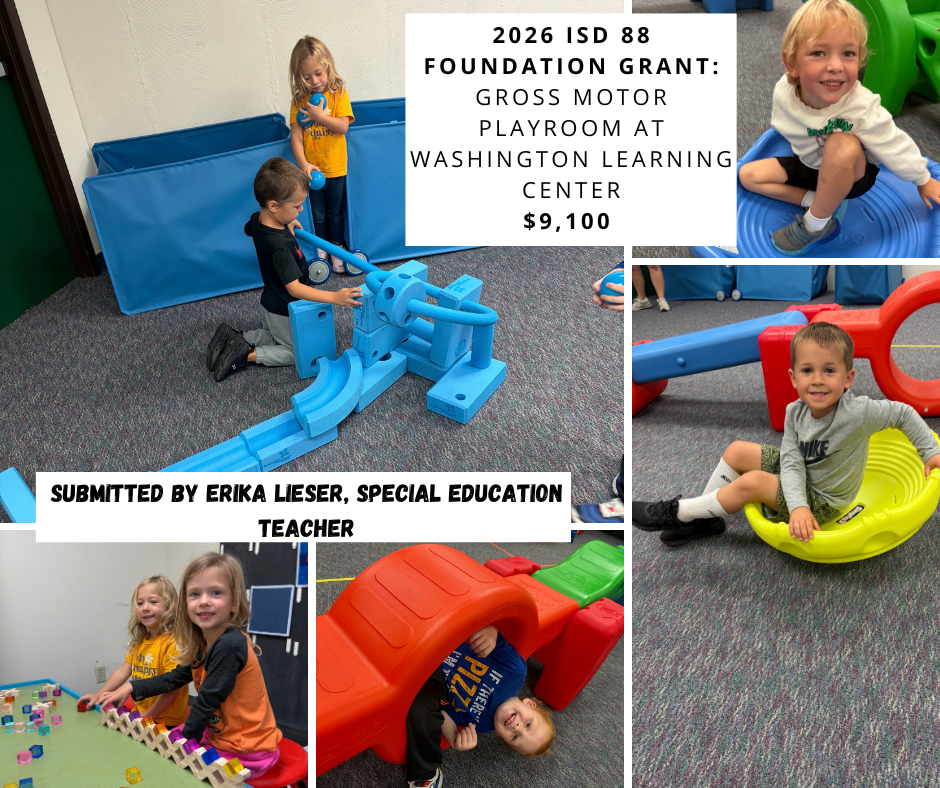 Collage of students using indoor playground equipment, with the text that is also in the post.