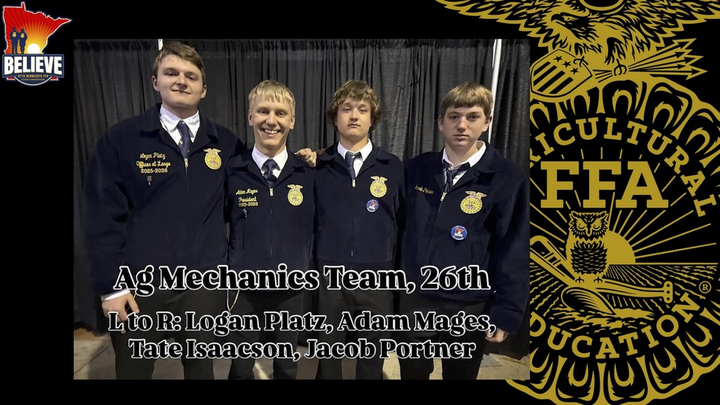 Ag Mechanics Team, 26th: L to R: Logan P., Adam M., Tate I., Jacob P.