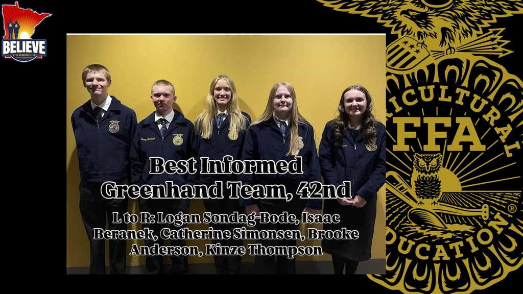 Best Informed Greenhand Team, 42nd: L to R: Logan S., Isaac B., Catherine S., Brooke A., Kinze T.